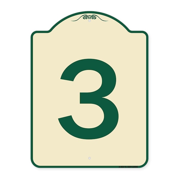 Designer Series Sign W/ Number 3, Tan & Green Heavy-Gauge Aluminum Sign, 24" x 18", TG-1824-22896